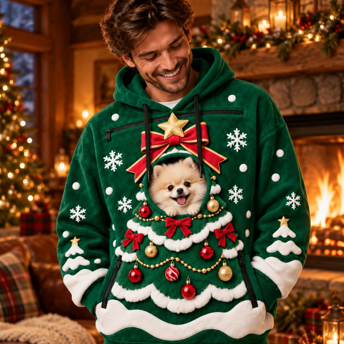 Man wearing the hoodie with a Pomeranian puppy in the pouch
